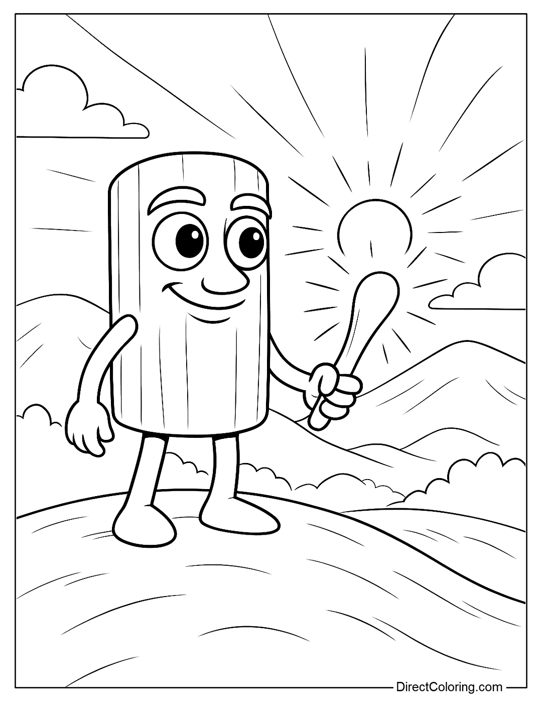 a coloring page of Sahur standing on the top of the hill when the sky is bright, holding a glowing mallet.